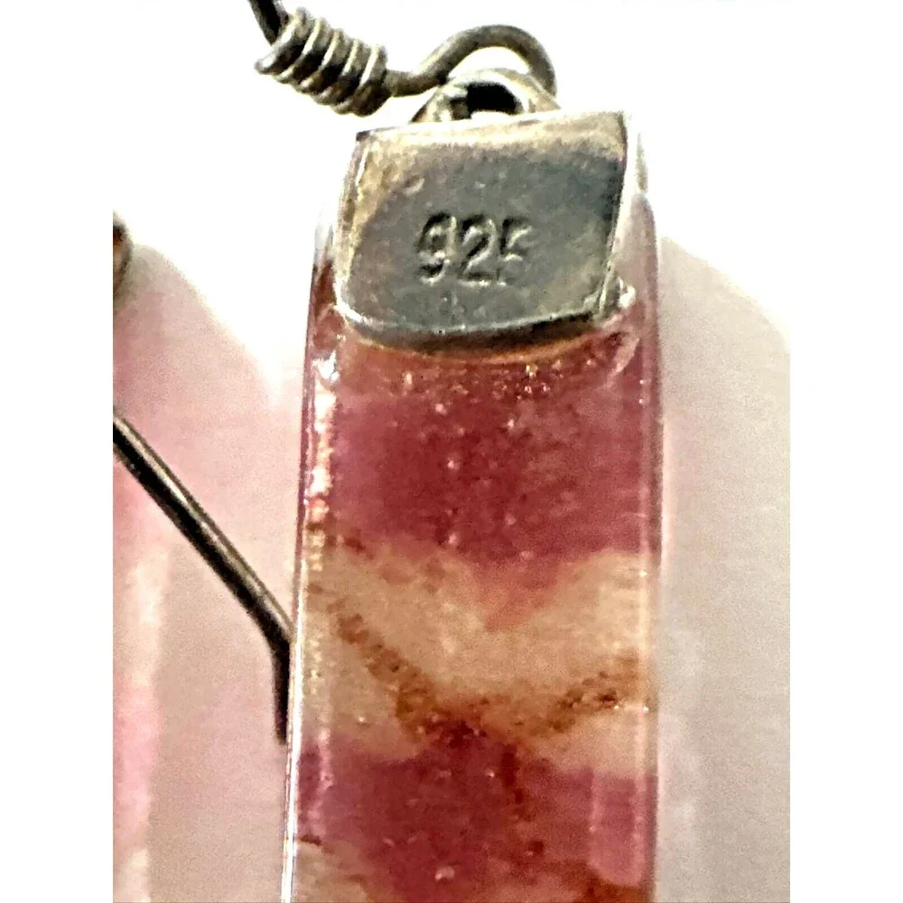 Artisan Lampwork Glass Bar Earrings Pink Gold Horizontal Stripe 925 Silver 1.5